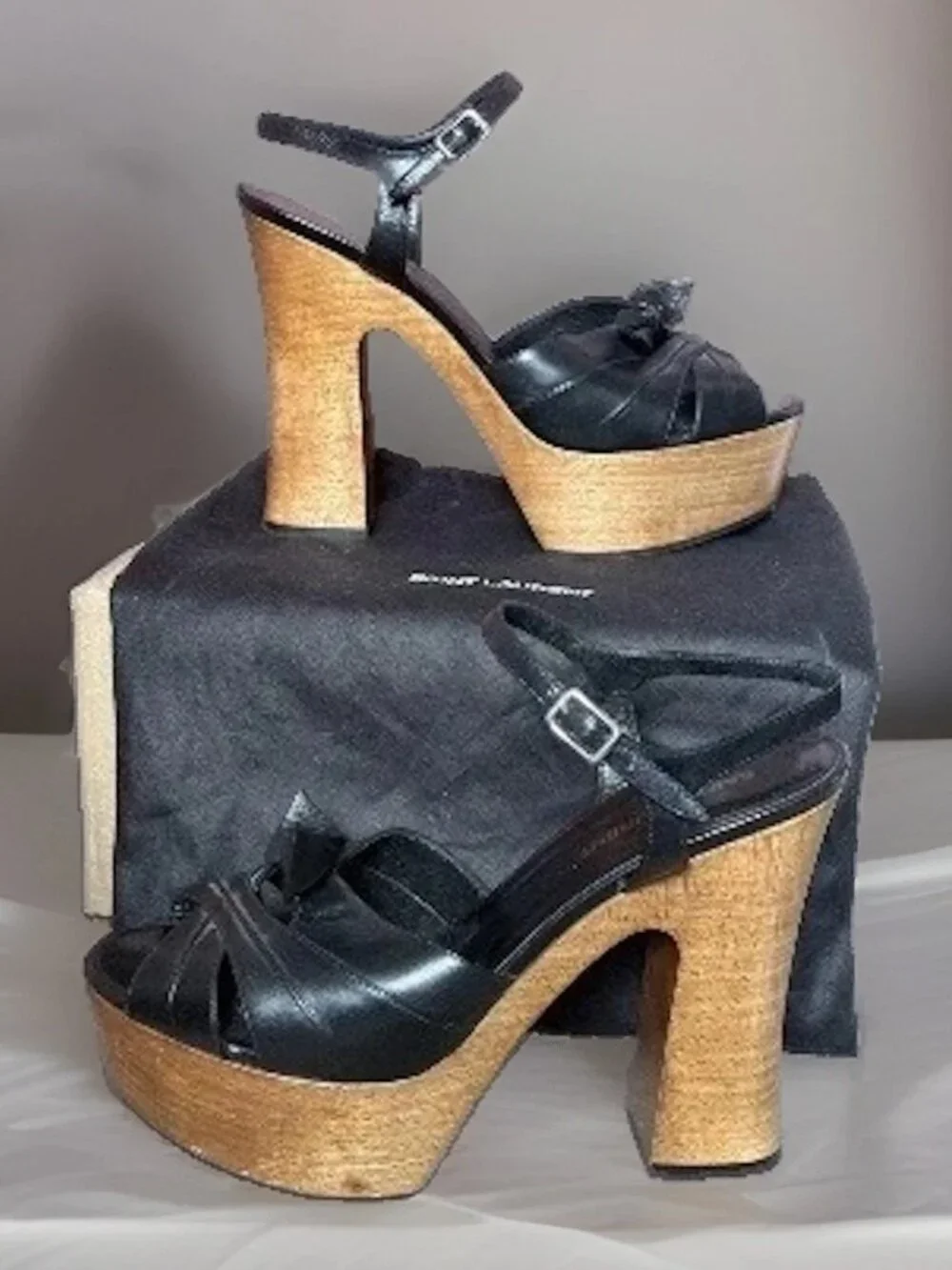 Saint Laurent Candy Black Leather Wooden Platform Sandals 38/8 US